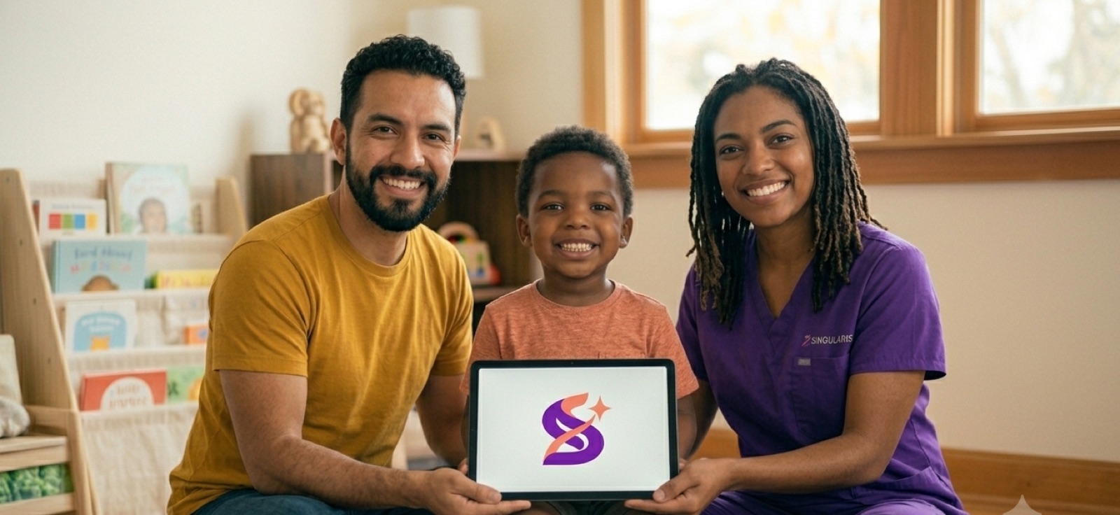 Um pai, uma criança e uma terapeuta de uniforme roxo sorriem segurando um tablet com o logo do Singularis.