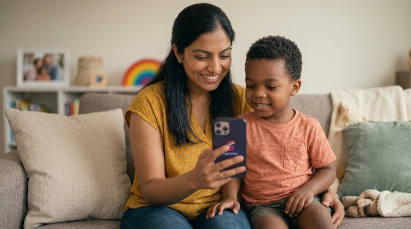 Pai no sofá acompanha o app no celular enquanto a filha brinca com blocos.