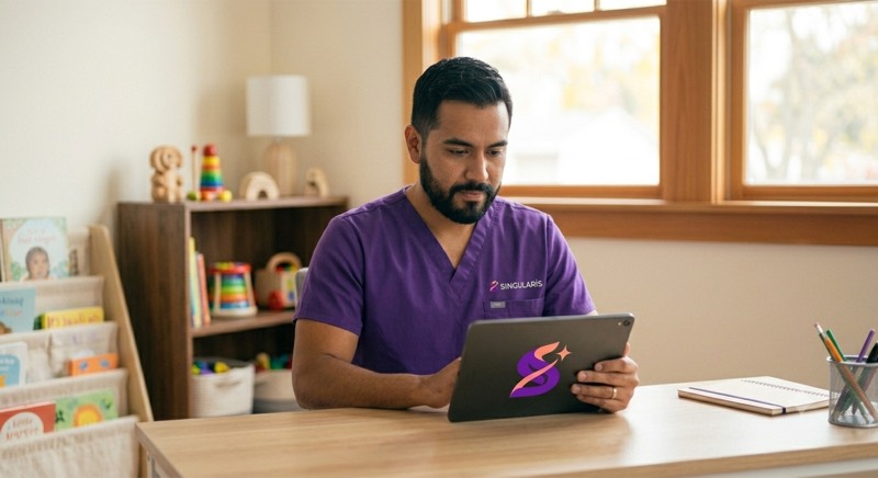 Terapeuta apresenta material a uma mãe e sua criança, com laptop mostrando o Singularis.