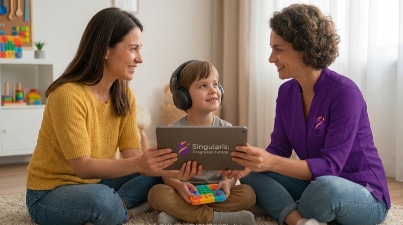 Criança com fones sorri enquanto dois adultos acompanham o tablet ao seu lado.
