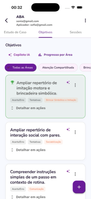 Tela de objetivos organizados por área de desenvolvimento no Singularis.